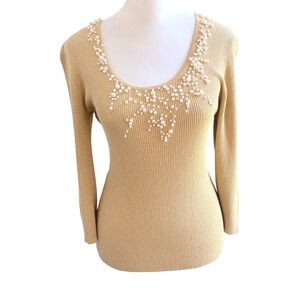 August Silk Sweater Medium Gold Pearl Ribbed Silk Blend Shimmer Metallic Top